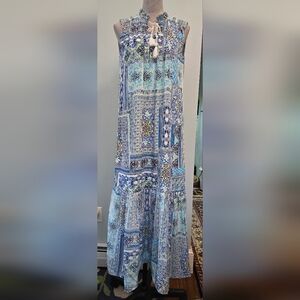 Chico's 'Modern Peasant Tile' blues maxi-dress pockets smocked shoulders S